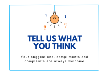 An illustration of a lightbulb on a blue background. Text states "Tell us what you think; Your suggestions, compliments and complaints are always welcome.