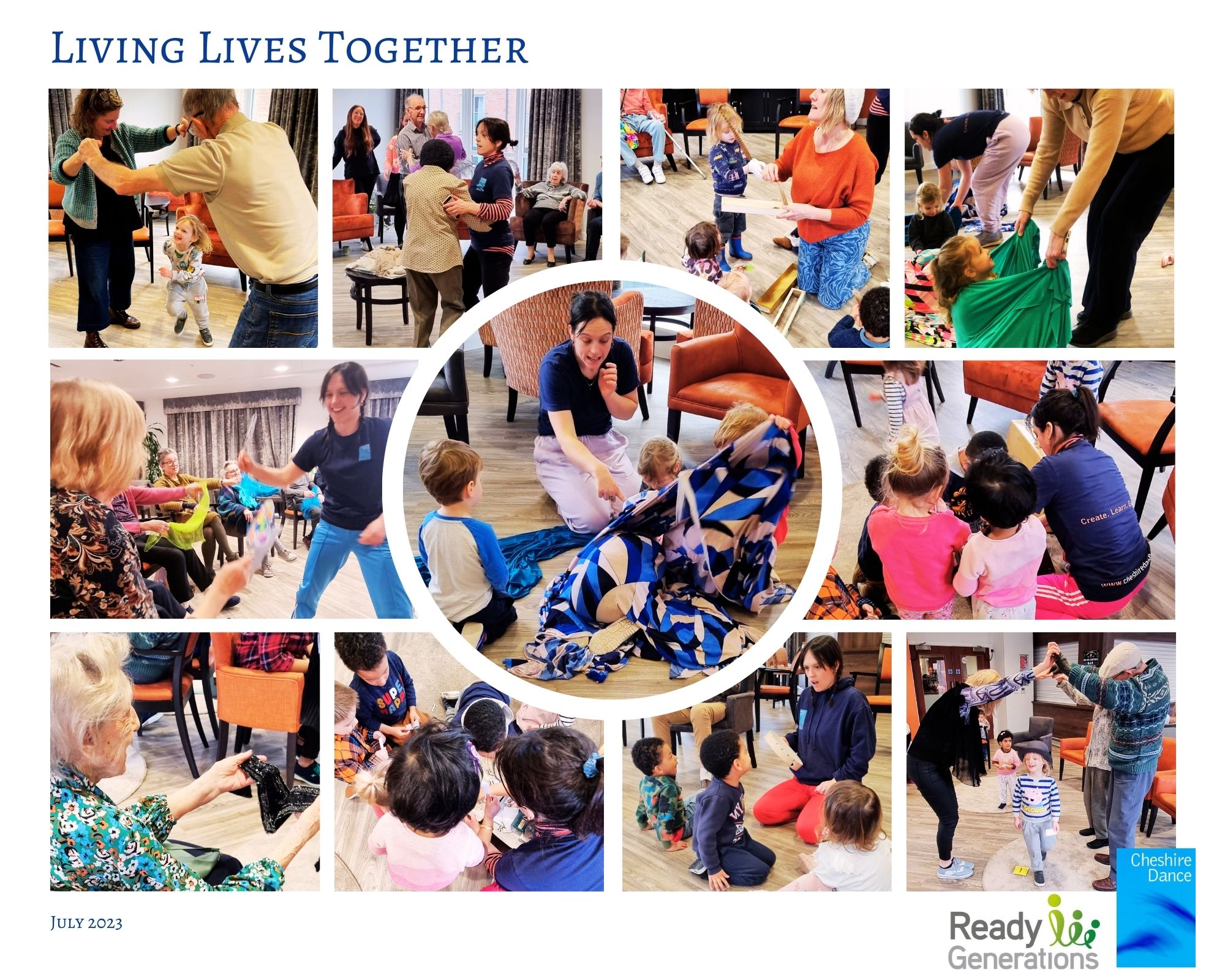 A collage of photos depicting activities with older people and young children