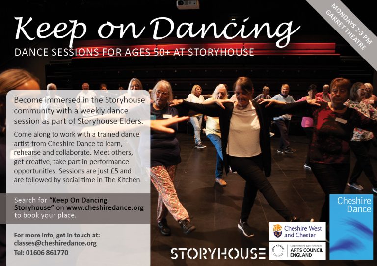 Class flyer showing older adults dancing in the Garret Theatre in Storyhouse