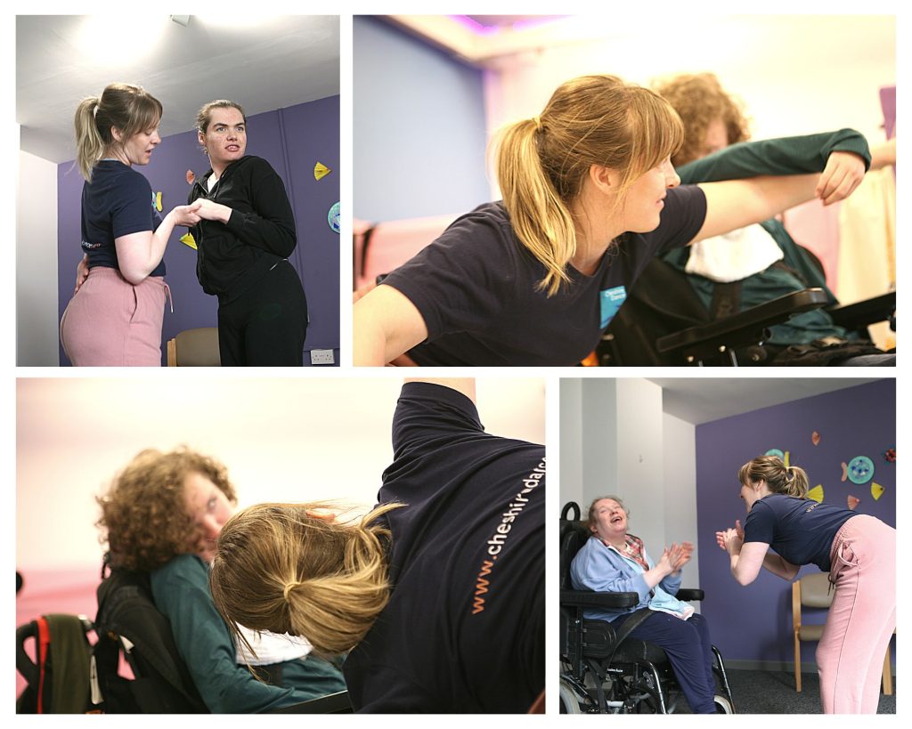 An image collage with four photos showing 1:1 dance sessions with people with disabilities