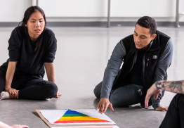 Two Global Majority Artists are sat on the floor in front of a large triangular chart.